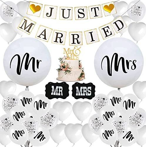 Just Married Hochzeit Deko Set, 46 Stück Hochzeit Deko Set, MR und MRS Ballons Hochzeitsdeko Luftballon und Girlande Banner Just Married Ballon für Party Brautpaar Dekoration Auto
