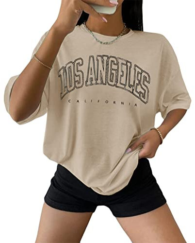 Tomwell Damen Tshirt Kurzarm Sommer Oberteile Oversized T-Shirt mit Buchstaben Druck Lose Rundhals Sport Shirt Teenager Mädchen Top Tunika Lang C Aprikose M