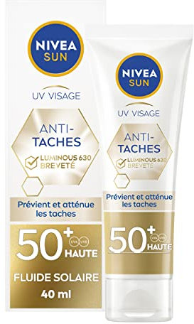 NIVEA SUN - Fluide UV Visage Anti Taches Luminous 630 FPS 50+ - Protection UVA/UVB - Réduit Les Taches Brunes - Acide Hyaluronique & Vitamine E - Non Gras, Rafraîchissant - Tous Types De Peaux - 50 ml