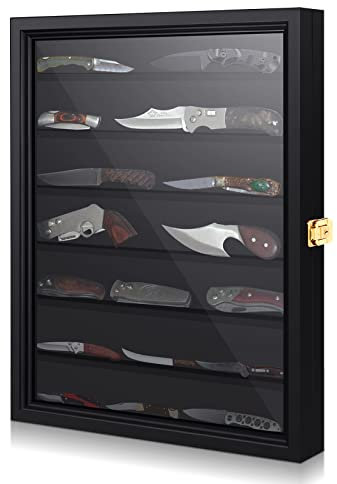 Ceenna Knife Display Case Pocket Knife Display Stand Acrylic Lockable Display Cabinet Wall Folding Knife Shadow Box with UV Protection for Military Knife Collection, 14''Lx2.1 Wx17.6 H (Black)