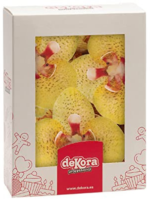 dekora – Fleurs Comestibles pour Gâteau, 10 Gaufrettes Orchidées jaunes 8.5 x 7.5 cm, sans sucre, sans gluten, sans lactose, Décoration Gâteau pour Anniversaire, Mariage, Baptême