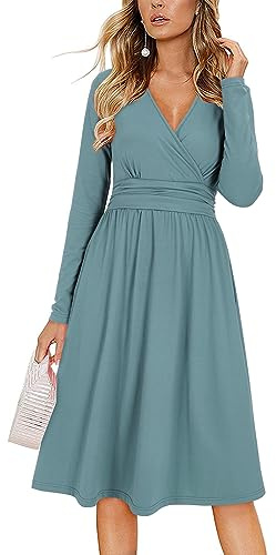 OUGES Women's Fall Long Sleeve V Neck Blue Wedding Guest Dress with Pockets Ladies Midi Dress for Winter(Blue,XXL)