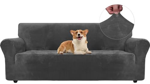 Ystyle Samt Sofabezug 3 Sitzer, Stretch Sofa Überzug, Sofaschoner rutschfest, Elastischer Couch Überzug, Sofa Cover Mit Armlehnen, Couchüberzüge Sofaschutz Katze Couch Überwurf, Grau