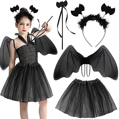 ZZQVIP Mädchen Fledermaus Kostüm Kinder, 4 pcs Halloween Kostüm Set, Stirnband, Flügel, Stock und Rock, für Karneval, Themenparty, Geburtstagsfeier, für Höhe 90-130cm, Vampir Mädchen Kostüm
