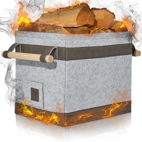OAKAGE® Holzkorb für Kaminholz Groß [Schmutzabweisendes Innenfutter und Lederboden] Kaminholzkorb Feuerholzkorb Brennholzkorb Kaminkorb Filzkorb | Korb Hellgrau