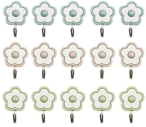 diyfixlcd 15 Pack Cute Flower Utility Hooks Wall Hangers Without Nails Self Adhesive Key Holder Wall Decor Dorm Command Hooks Stick On Wall Kitchen Bathroom Office Mixed Color