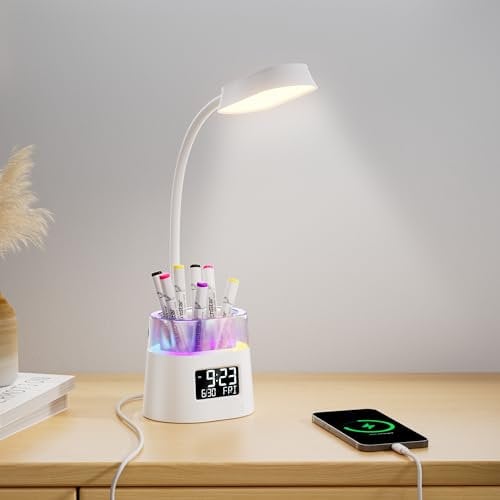 YAMYONE LED Schreibtischlampe mit Stifthalter & USB-Anschluss, RGB Ambientelicht Tischlampe, 3 Farben Dimmung Einstellbare Helligkeit Uhr Bildschirms Schwanenhals Nachttischlampe (W49-EU)