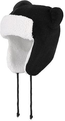 LACOFIA Baby Wintermütze Kleinkind Jungen Earflap Beanie Kinder Warme Fleece Gefüttert Bär Hut Strickmützen Trappermütze mit 2 Öhrchen Schwarz 6-12 Monate S