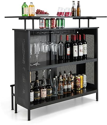 COSTWAY Tavolo Bar Quadrato, Bancone Bar da Casa a 4 Livelli con Porta Vini e Porta Calici, Penisola Cucina con Poggiapiedi e Cornice Metallo, per Cantine Cucina o Soggiorno (120 x 50 x 106,5 cm)