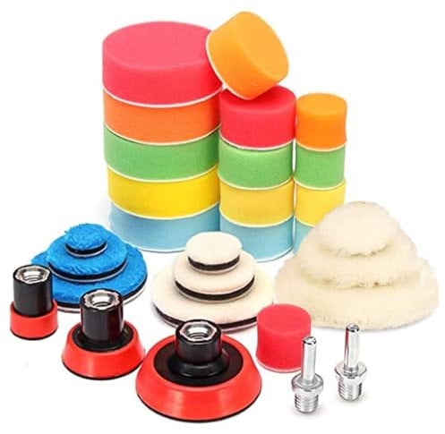 Bizcasa Drill Polishing Pads, 29 pcs Car Polishing Sponge and Pad Set, Wool Polishing Buffing Pad Kit with 2 x M14 Drill Adapters for Buffer/Drill Car Sanding, Polishing, Waxing, Sealing Glaze