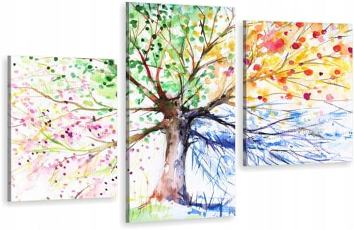HUBDECO 3-Teiliges Leinwand Bild Wohnzimmer - Bilder, Poster, Kunstdrucke - Leinwandbild - Bild auf Leinwand - Tolle Zimmerdekoration - Schlafzimmer Bilder - 94x60 cm Bäume Vier Jahreszeiten
