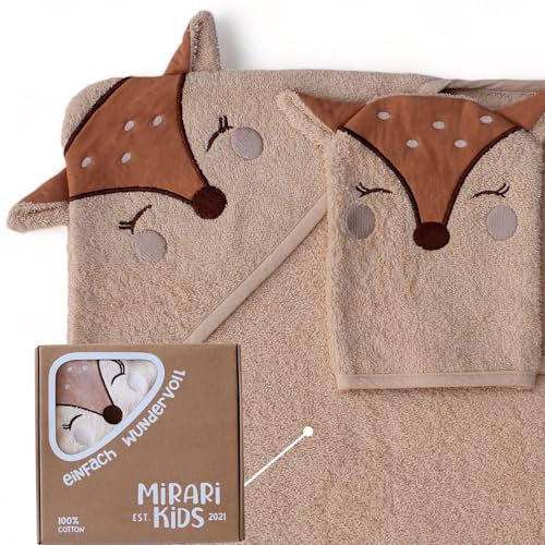 MIRARI Kids Babyhandtuch mit Kapuze und Waschlappen 100x100 cm – Handtuch Rentier aus 100% Baumwolle - REH Badetuch mit Kapuze - Geschenk Geburt - Baby Erstausstattung Neugeborenen Set