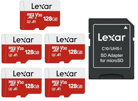Lexar Micro SD 128GB 5PK, Micro SD Card up to 100MB/sec(R), MicroSDXC Memory Card with SD Adapter, A1, U3, C10, V30, Micro SD Card Pack of 5