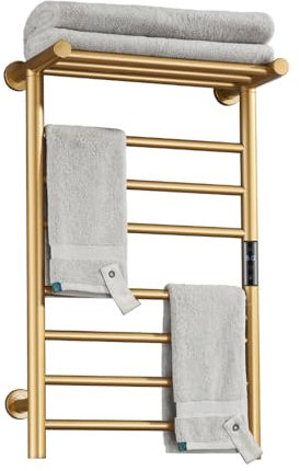 XMGJ Radiateur Sèche-Serviettes Électrique Doré avec Minuterie, Porte-Serviettes Chauffant Mural À 7 Barres, Chauffe-Serviettes Électrique en Acier Inoxydable 304 pour Salle De Bain, 70 W,Hardwiring