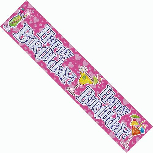 Party-Banner Happy Birthday, rosa Cocktail-Party-Banner, Mocktails und Herzen, Dekoration, Girlande, extra breit, riesig, feminin, klassisch, recycelbar, umweltfreundlich, holografisch, glänzend,