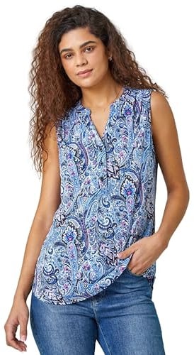 Roman Originals Pintuck Sleeveless Shirt for Women UK Ladies Vest Tank Top Summer Smart Blouse Stretchy Jersey T-Shirt Casual Spring Holiday Party Vacation Notch Neck - Blue White Pink - Size 12