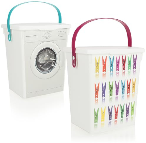 com-four® 2x Aufbewahrungsbox mit Deckel & Henkel je 5 L - Waschmittelbehälter aus recyceltem Kunststoff - Wäscheklammerbox für Waschmittel, Tabs, Discs, Pods (02 Stück - Washer/Clothespin)