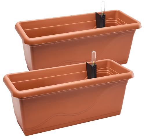 Garronda Blumenkasten Balkon Blumentopf mit Bewässerungssystem und Wasserstandsanzeiger Pflanzen GD-0073 (Terrakotta, 2 Stück, Länge=49cm)