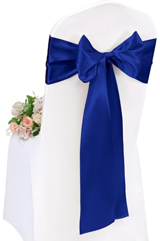 Pesonlook 50 Pcs Royal Blue Chair Sashes, Satin Chair Cover Bands 7X108 Inch Chair Sashes Bow Back Tie Ribbon For Wedding Party Hotel Decorations (17X275 CM)