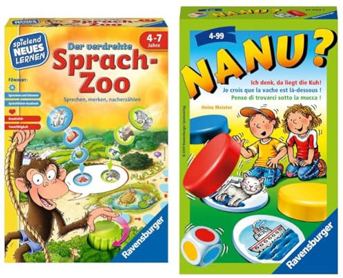 Ravensburger 24945 - Der verdrehte Sprach-Zoo & 23063 - Nanu? Mitbringspiel für 2-4 Spieler, Merkspiel ab 4 Jahren, kompaktes Format, Reisespiel, Würfelspiel