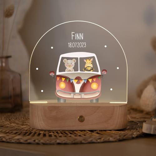 LILUNA - Personalisierte Nachtlichttischlampe für Kinder Auto Bulli | dimmbar, kabellos, aufladbar | Stilllicht für Babys - Geschenk zur Geburt & Taufe