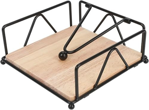 Servilletero, base de madera, servilletero de metal (cuadrado), servilletero de madera, adecuado para restaurantes, cafés y otros lugares