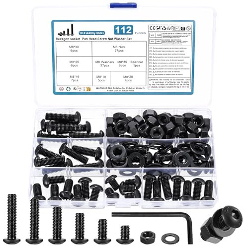 112 Pz Set di Viti Bulloni e Dadi, m8 Bulloni a Testa Esagonale Tonda, Viti e Dadi e Rondella, Viti e Bulloni e Dadi Set, Dadi e Bulloni Viti a Testa Esagonale, Bulloni a Testa Brugola Nero