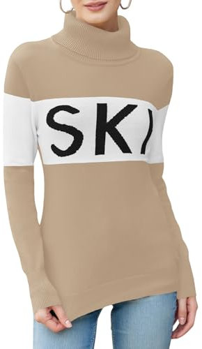 LCXWFE Damen-Ski-Pullover, Farbblock, langärmelig, Rollkragenpullover, trendiges Strickoberteil, 04-khaqi, X-Groß
