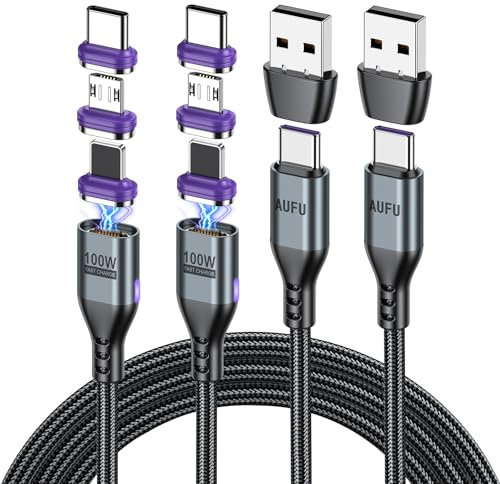 AUFU Magnetic Charging Cable PD 100W, Fast 180° Rotating USB A/USB C to Type C Quick Charge, 3-in-1 Data Transfer for Micro USB/Type C/iProduct Devices [1m/1.8m]