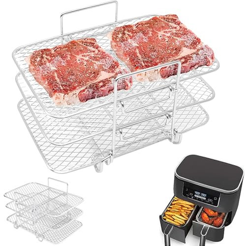 AMSGANK Airfryer Zubehör, Heißluftfritteuse Grillrost Dehydrate Multifunktional, Überzogener Edelstahl, Spülmaschinenfest, kompatibel mit Ninja Heißluftfritteuse Foodi Dual Zone AF400EU 9,5L