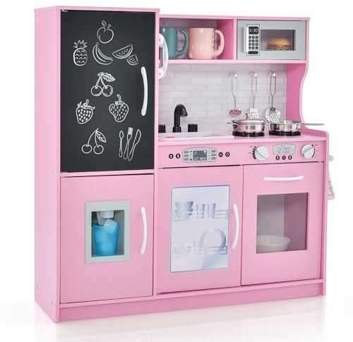 GOPLUS Kinderküche aus Holz, Kinderspielküche mit Mikrowellen, Backofen, Wasserbecken, Kreidetafel & Eismaschine, Stabiler Spielküche mit Spielzubehör, für Kinder 3-6 Jahre (Rosa)