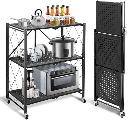 Vichirskit Faltbares Metallregal, 3 Ablagen Lagerregal Metall Schwerlastregal Schwarz 72 X 34 X 87cm Faltbares Küchenregal Regal - Keine Montage Erforderlich, Robustes Metallregal Mit Rädern