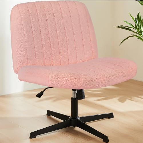 Sweetcrispy Bürostuhl Ohne Armlehnen, Schreibtischstuhl mit Teddy Velvet, Lesesessel mit Breiterem Polster zum Sitzen im Schneidersitz Stuhl, Höhenverstellbar, 360° Drehstuhl für Haus, Pink