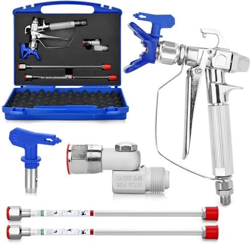 Kit de Pistolet a Peinture Airless de 7 Pièces,avec 517 Buse de Pulvérisation Airless, Buse Siège, 2 Airless Peinture Pistolet Tige De Rallonge 30 CM et Joints Rotatifs et la Boîte