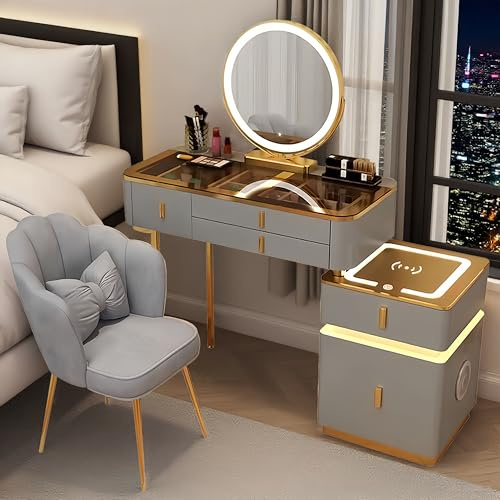 Goldonion Schminktisch Mit Spiegel,Schminktisch Mit Led Beleuchtung Und Hocker, Glasplatte,Kosmetiktisch Mit 5 Schubladen,Frisiertisch FüR Schlafzimmer (Make Up Tisch) (Grau + Braunes Oberteil, 100)