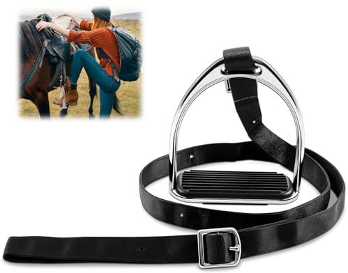Otoolling Stirrup Mounting Aid for Hose Riding 37-50 Adjustable Size Equestrian Step up Stirrup for Saddle Western with Nylon Strap Rubber Anti-Slip Pad Kid Horse Tack No Mounting Block