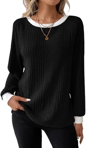 Akiooue Womens Sweaters,Autumn Women's Long Sleeve Striped Jumpers Women's Classic Soft Solid Lightweigh Black Sweatshirts Ladies Jumpers Size 16