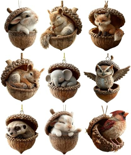Weihnachtsbaumschmuck Waldtiere Eichels Ornaments, 9PCS Acryl Tiere Aus Tannenzapfen Weihnachtsbaumschmuck Deko, Niedlich Waldtiere Anhänger Weihnachtsbaumschmuck, Flach Hängend Natur Tiere Anhänger