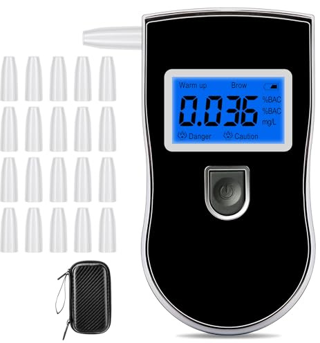 Winload Alcoholímetro Probador, Prueba de Alcohol Digital con Pantalla LCD, Profesional de Alcohol Portatil, Semiconductor de Sensor, Medición Rápida y Precisa, con 20 Boquillas