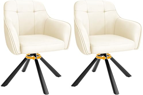 YOUDENOVA Sillas de Comedor Juego de 2, Giratorias 360° con Reposabrazos, Sillas Tapizadas en Terciopelo para Comedor, Cocina, Sala de Estar y Oficina, Blanco Roto