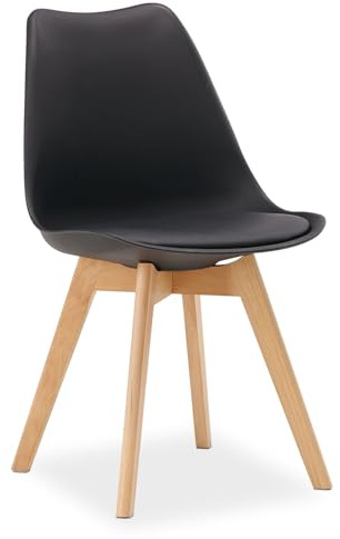 Homestyle4u Küchenstuhl Schwarz mit Holzbeinen - Esszimmerstuhl | Skandinavisches Design, Kunststoffschale mit Sitzpolster, pflegeleicht – ideal für Esszimmer & Küche