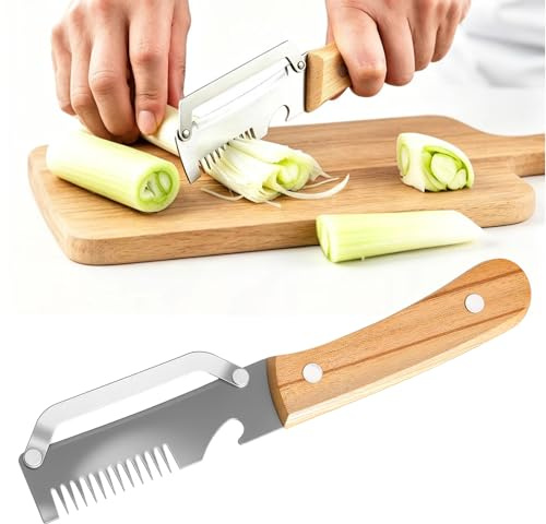 Pelador multifuncional 19,1 cm acero inoxidable mango de madera | Hoja de acero inoxidable 3CR13 para pelar cortar y hacer tiras finas de caña de azúcar piña pepino y zanahoria