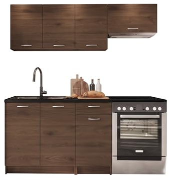 Mirjan24 Mela Küchenmöbel Set 180/120 cm mit Arbeitsplatte - Moderne Einbauküche in Dunkelholzoptik, Hängeschränke & Unterschränke, 5 Schrank-Module (Nuss Elegant/Schwarz)