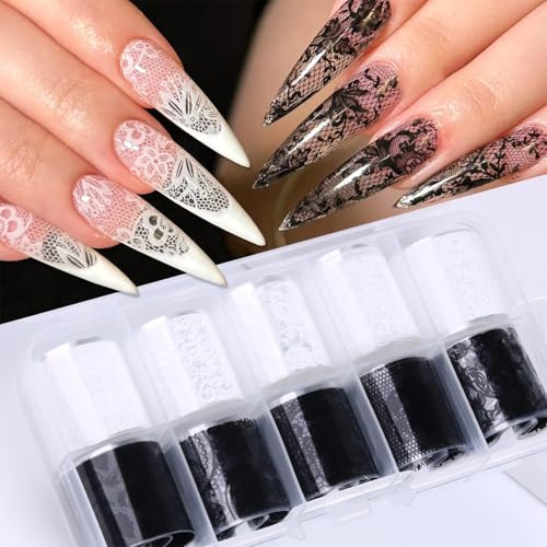 10 Rolls Lace Nail Foil, White & Black, Nail Transfer Foil with Lace and Floral Patterns, Holographic Foils, Nail Art Stickers & Decals for DIY Acrylic Nails, Manicure Wraps