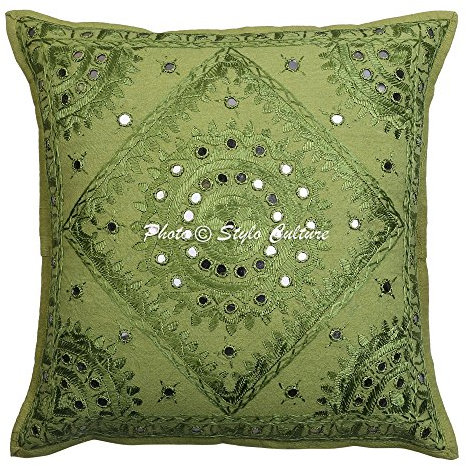 Stylo Culture Ethnicas Fundas para Cojines Decorativos 40x40 cm Algodón Espejado Forros De Cojines Sofa Verde Loro 16x16 Inch Bordado Cuadrado sobre Fundas Almohadones para Sillas - 1 Pc