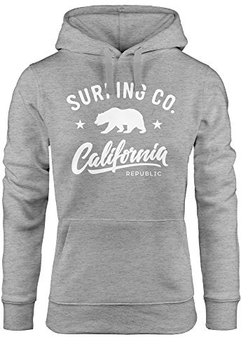 Neverless Hoodie Damen California Republic Bear Bär Sommer Surfing Kapuzen-Pullover grau M