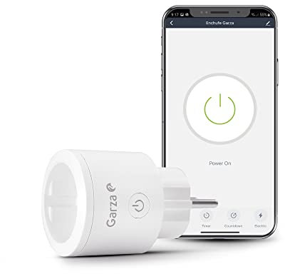 Garza Smart - Enchufe Wifi Inteligente, Programable, Wifi 2.4GHz, Con medidor de consumo, Control remoto por app y por voz Alexa/Google, Blanco