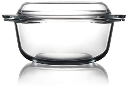 Cacerola redonda de vidrio transparente con tapa, cacerolas con tapa sin plástico, cuencos de vidrio de fácil agarre con tapa de vidrio, aptos para microondas, horno, congelador y lavavajillas (1,5 L)