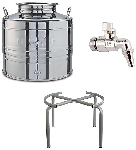 eacommerce Contenitore Bidone Fusto per Olio in Acciaio Inox Olivà con Tappo ermetico a Vite … (Fusto + Rubinetto + Supporto, 30 Litri)