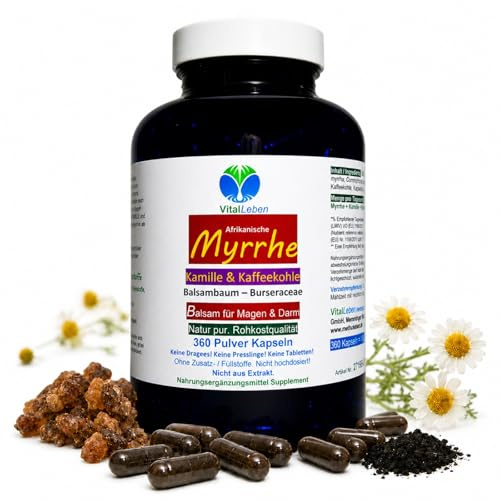 MYRRHE + KAMILLE + KAFFEEKOHLE 360 Pulver Kapseln für den gestressten Darm nach AYURVEDA und Hildegard von Bingen - NATUR pur - OHNE ZUSATZSTOFFE [6 Monate] 27160-360